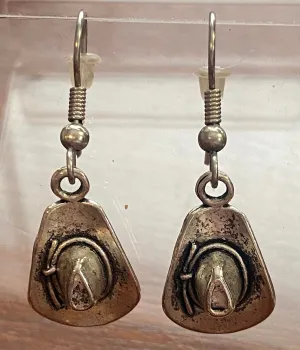 Silver Tone Metal Cowboy Hat Drop Dangly Pierced Earrings